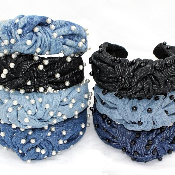 Denim Blue Pearl Knotted Headbands for Women Go with Everything.Comfy Soft Fabri - Picture 7 of 7